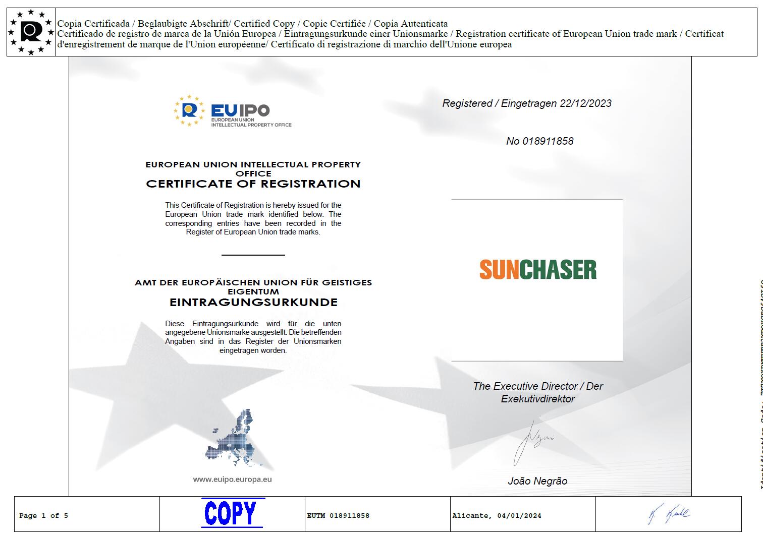 TIANTECH SOLAR GROUP hat die Marke SUNCHASER in Europa erfolgreich registriert.